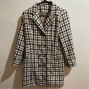 Tweed Black and White Plaid Women's Medium Coat Check Button Down Fall Winter